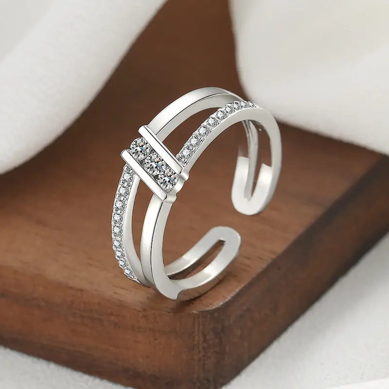 Women's Double-Layered Ring with Cubic Zirconia, Simple Minimalist Copper Band, Adjustable Open Light Luxury Index Finger Ring, 15G, Casual, Diamond, Fashion, Adjustable Size, Casual Wear, Open Shape, Elegant, Female