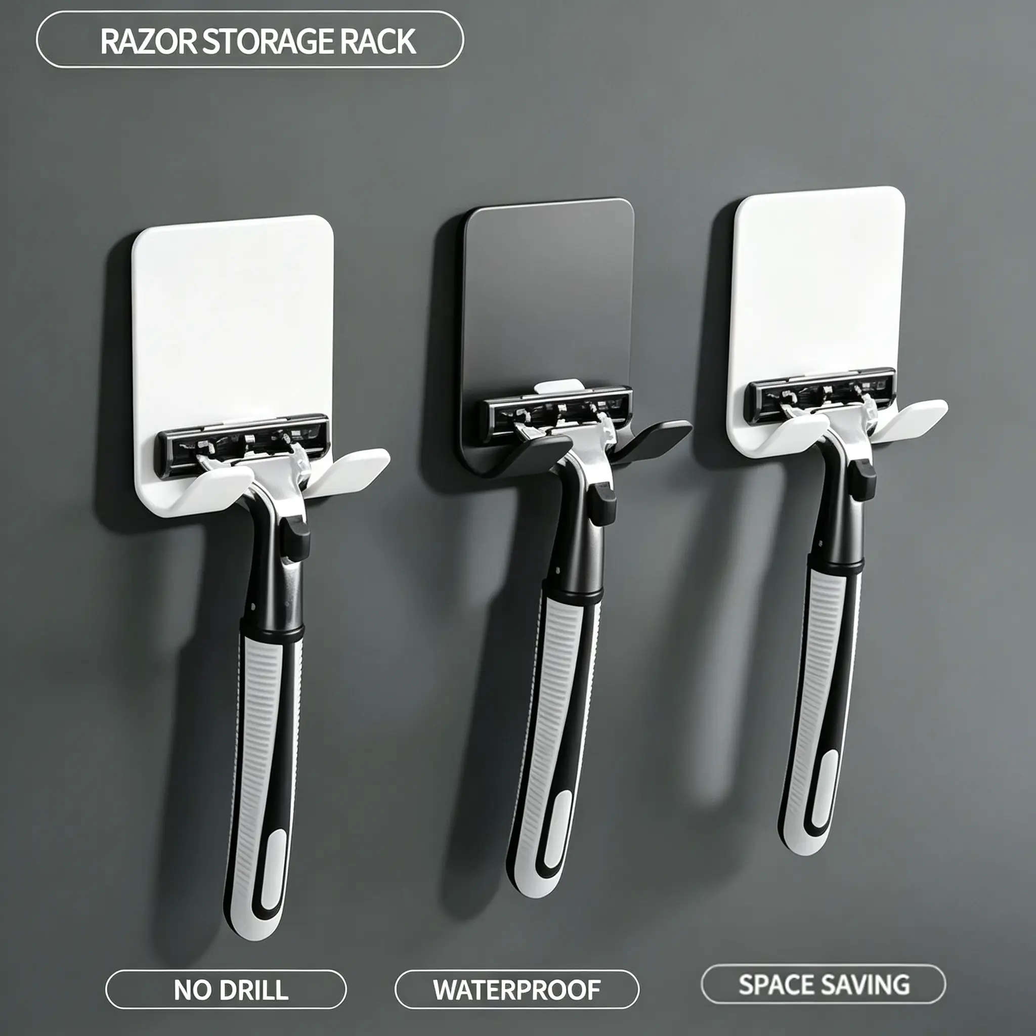 Wall Mounted Razor Holder, No Drill Self Adhesive Shaver Organizer, Bathroom Razor Storage Hook, Punch Free Shower Wall Hanger, Space Saving Bathroom Accessories