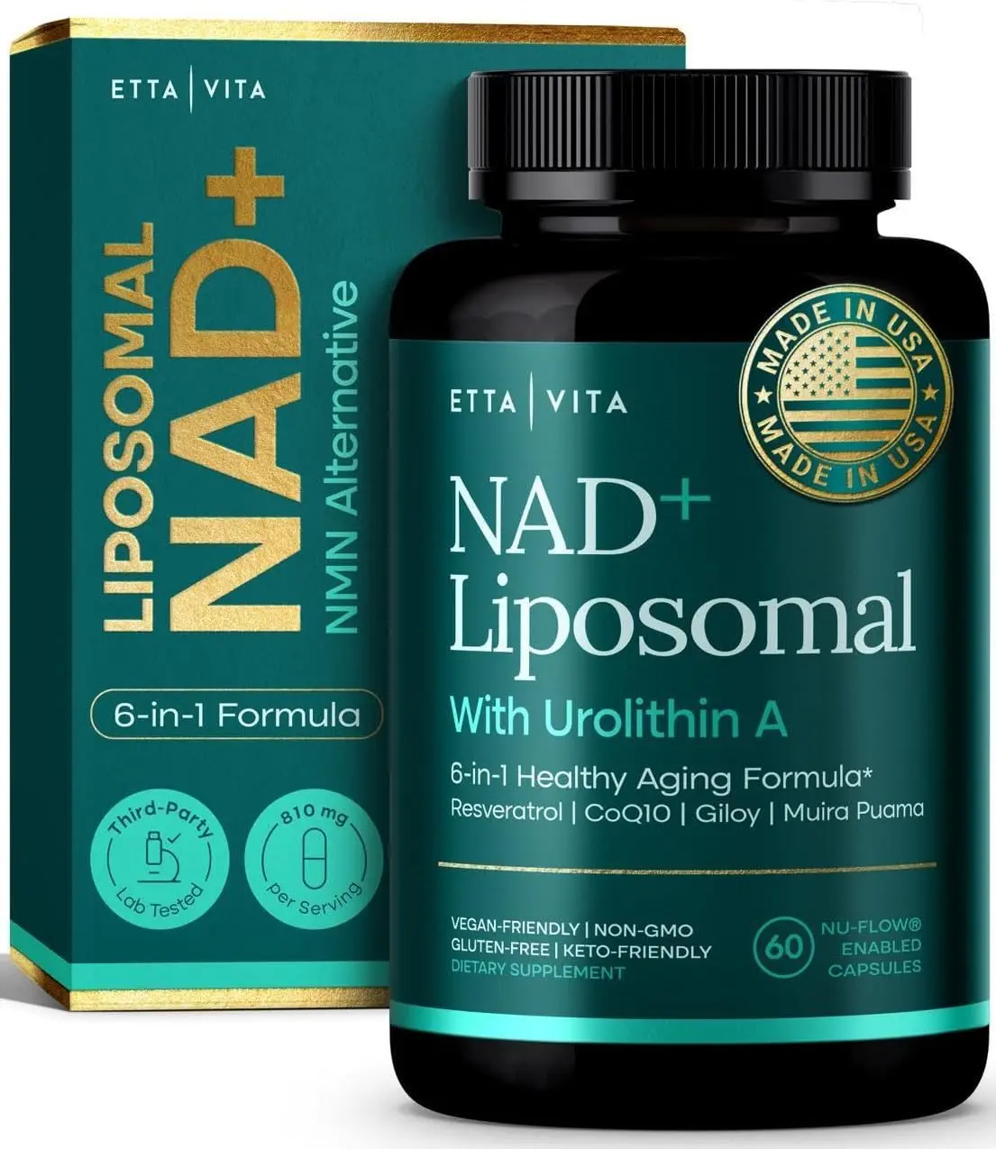 Etta Vita | Liposomal NAD+ Supplement with Resveratrol, Urolithin A, CoQ10 & Giloy | Made & Tested in USA | 60 Capsules