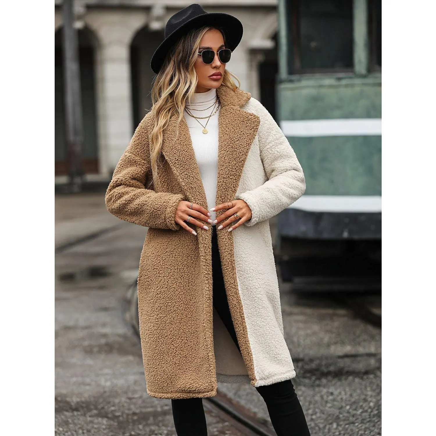 Contrast Dropped Shoulder Sherpa Coat