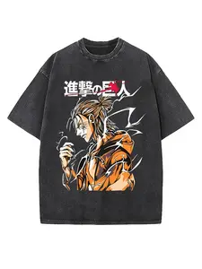 Men's Vintage Attack on Titan Eren Yeager "Titan Power" Cartoon Graphic Print Round Neck Loose Cotton Streetwear Short-Sleeve Tee, Unisex Casual T-Shirt Top