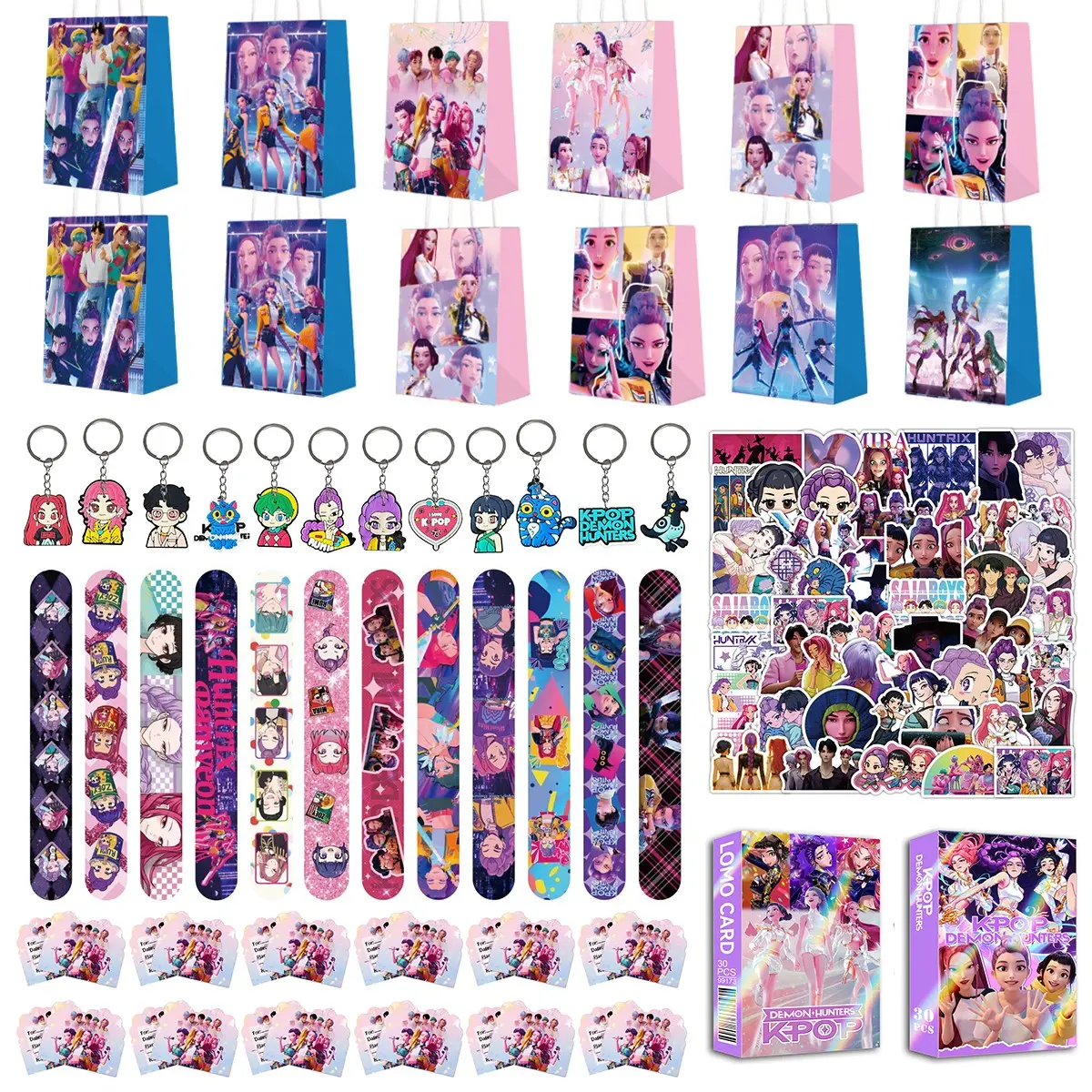 Korean cartoon girl group birthday party gift set of six, 12 bracelets, 12 keychains, 12 gift bags, 12 invitation cards, 30 game cards, 50 fridge stickers, let everyone be immersed in the party