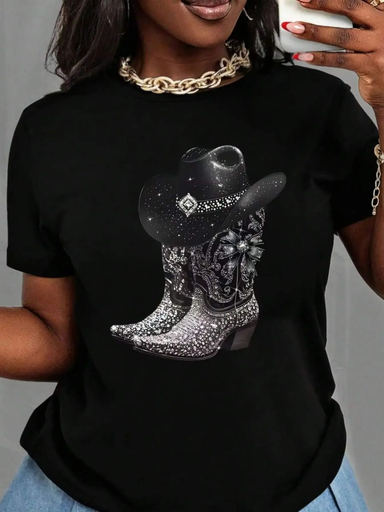 Plus Size- Sequin and Rhinestone Embellished Cowbo unisex soft cotton short sleeve t shirt, vintage graphic casual tee for men women teens, perfect birthday holiday gift for camping travel gym daily street casual wear