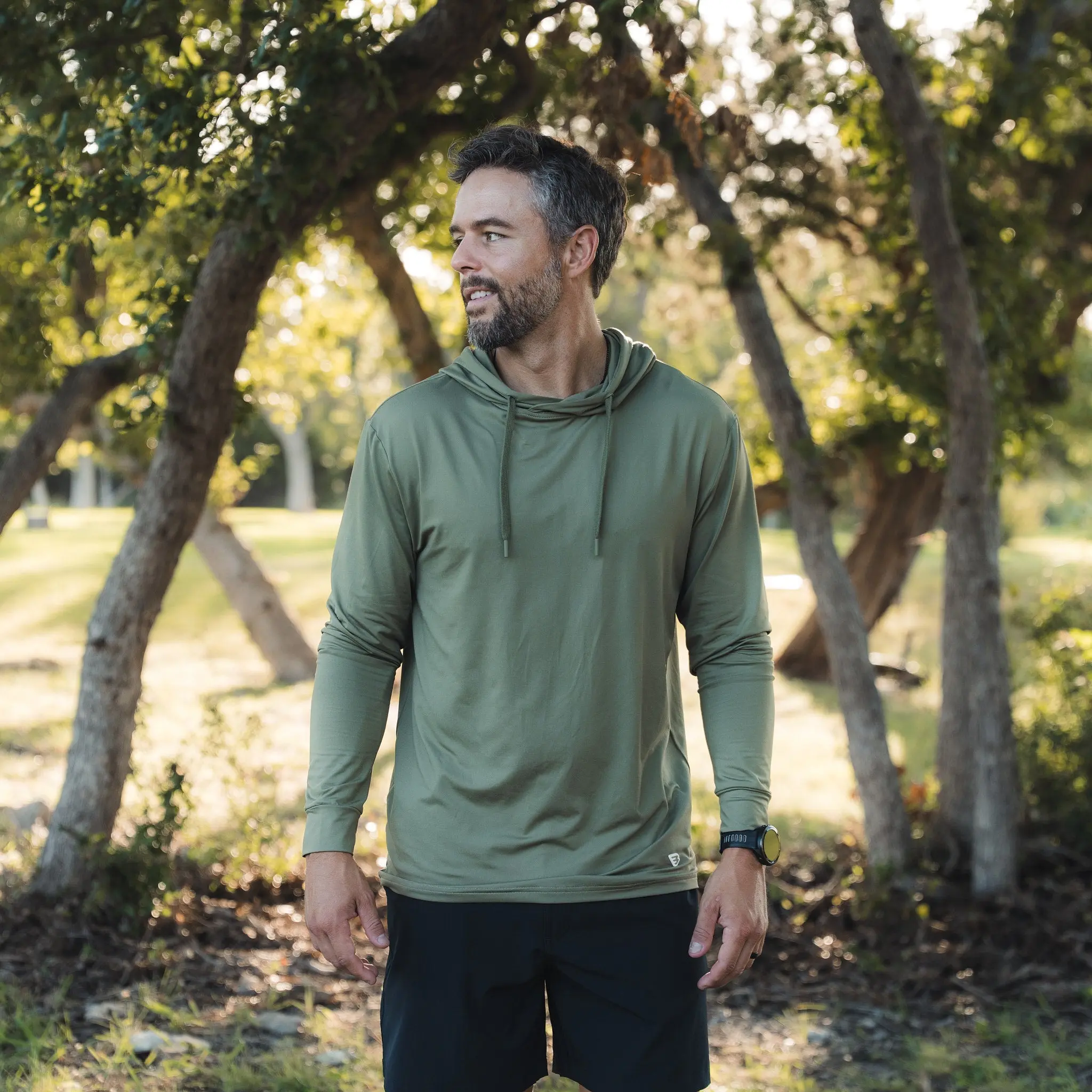 Burlebo Men's Performance Hoodie - Fitted Athletic Long Sleeve, Lightweight Polyester Blend, UPF 50+ Sunblock, Moisture-Wicking Quick Dry, Full Hood with Drawstring, True Size, Sporty Chic for Hiking, Light Outdoor Activities, Large