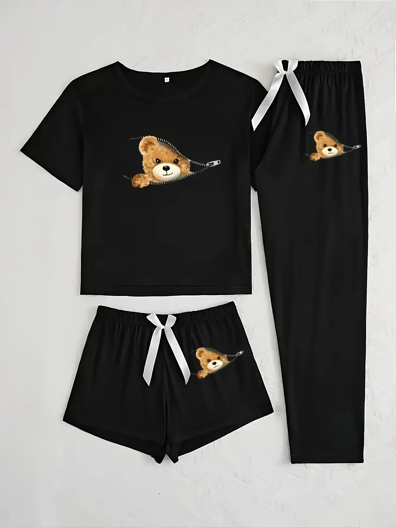 Women's Cartoon Cat Print Pajama Set, 3 Piece Sleepwear Collection, Casual Fitted Nightwear for All Seasons, Pajamas Lounge Set