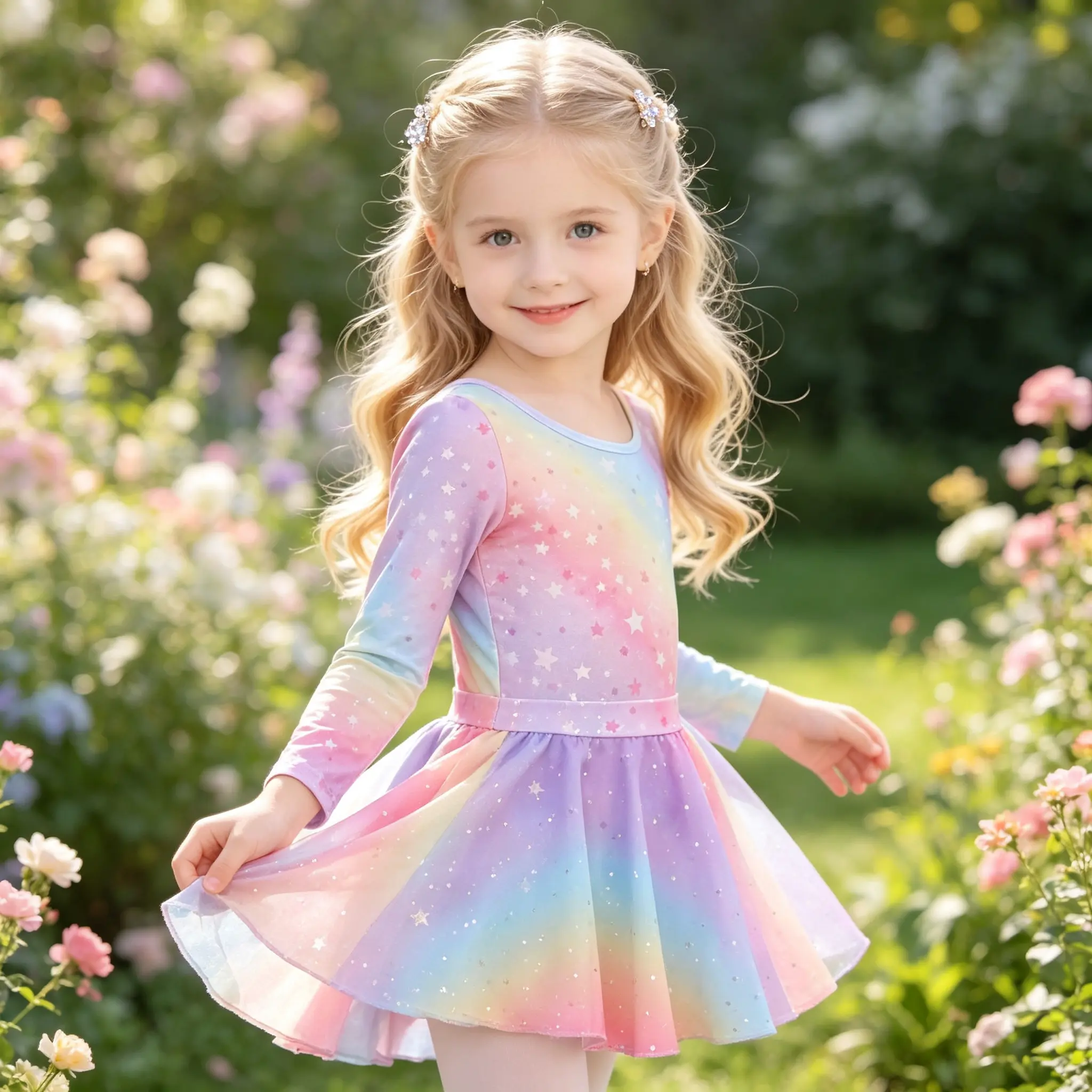 Little Girls Rainbow Gradient Star Print Long Sleeve Ballet Tutu Dress,Stretchy Sparkle Dance Leotard with Butterfly Hollow‑out Back for Ballet Class Recital Dress‑up Party