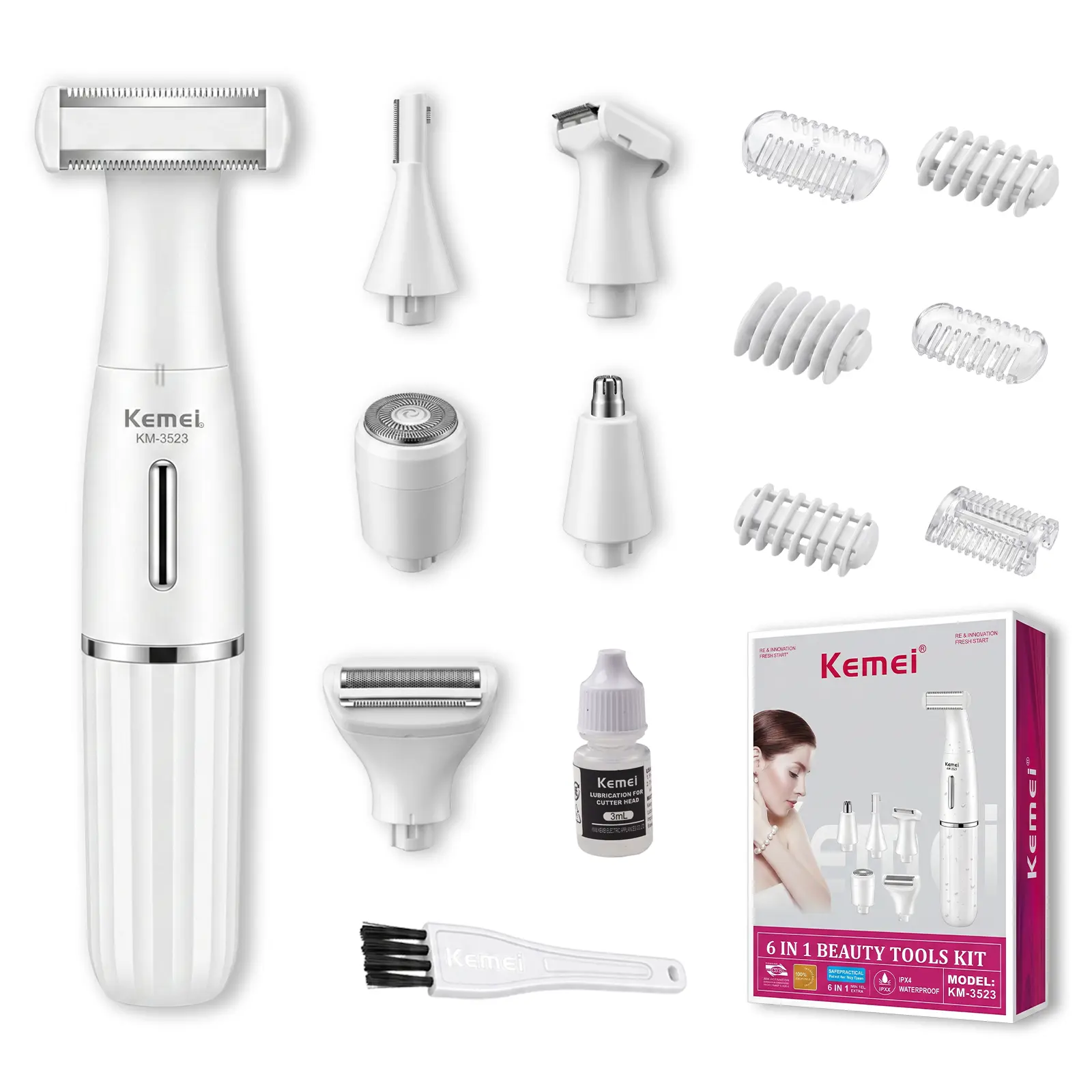 Kemei KM-3523 6 in 1 Electric Razor for Women, Rechargeable Bikini Trimmer, Facial Hair Remover, Eyebrow Trimmer, Nose Hair Trimmer, Wet Dry Painless Shaver for Legs, Arms, Underarms and Body Grooming
