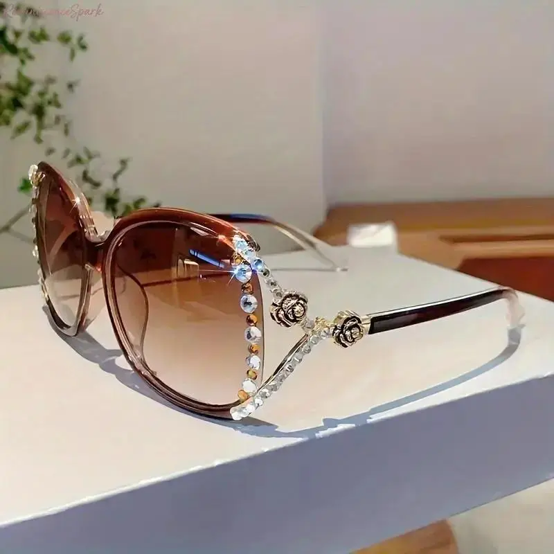 Women's Vintage Camellia Flower Rhinestone Decor Sunglasses, Anti-Reflective Lenses, Metal Hinges, Elegant Fashion Eyewear, Accessories for Women for Daily & Party Wear, Sunglasses For Women