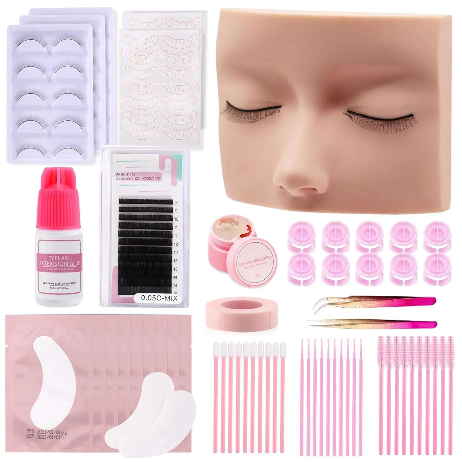 Lash Kit for Beginners, Eyelash Extension Training Kit | with Eye Lash Mannequin Head, Eyelash Extension Glue, Remover Cream, Tweezers for Practice