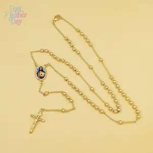 Catholic Rosary Necklace Gold Tone Metal Beads with Sacred Heart of Jesus Center Medal and Crucifix Cross Traditional Prayer Chain for Devotion and Meditation Suitable for Church Events and Everyday Use Stylish and Meaningful Accessory Ideal Gift for Fai