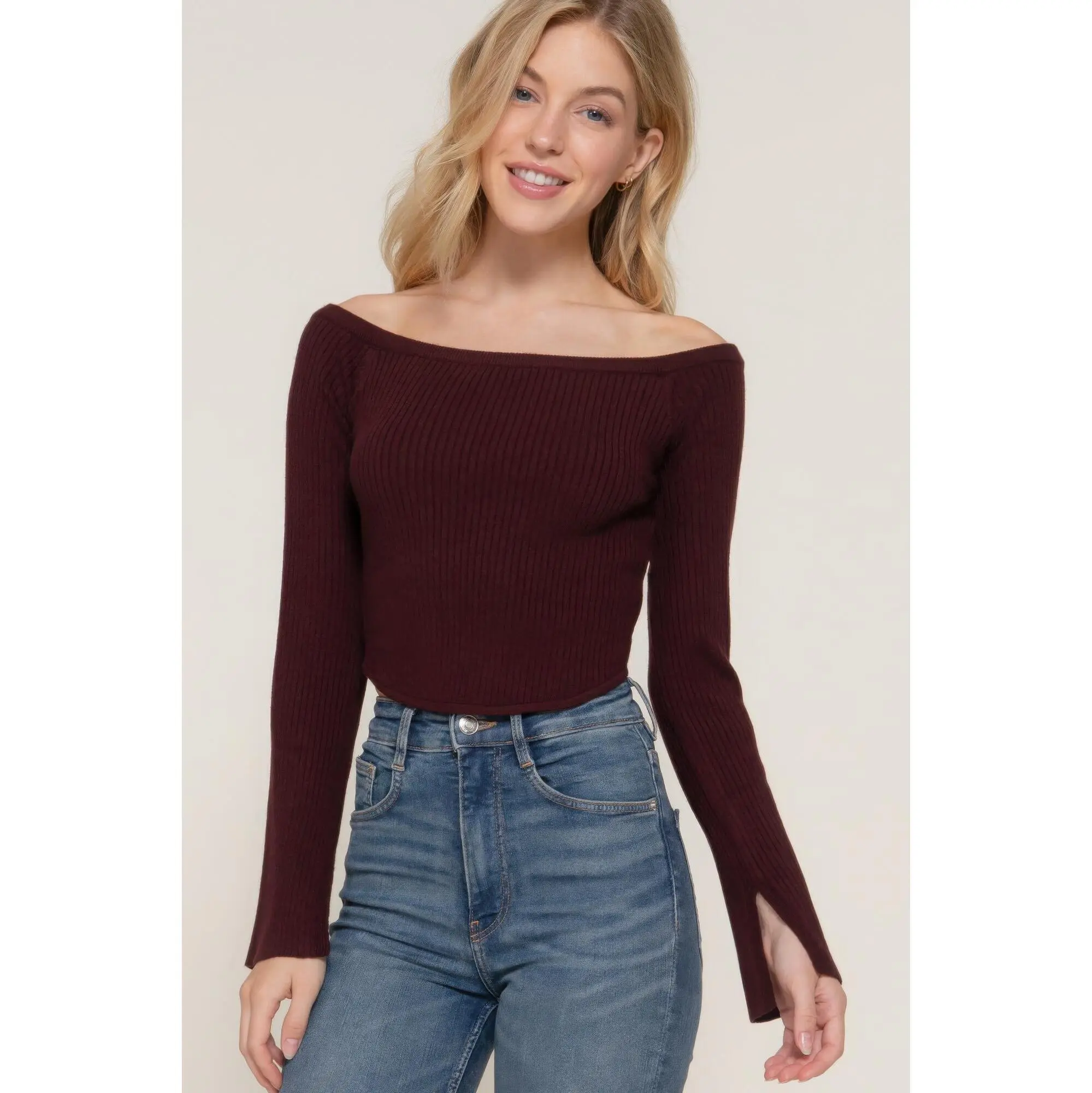 Long flare slv off shoulder sweater