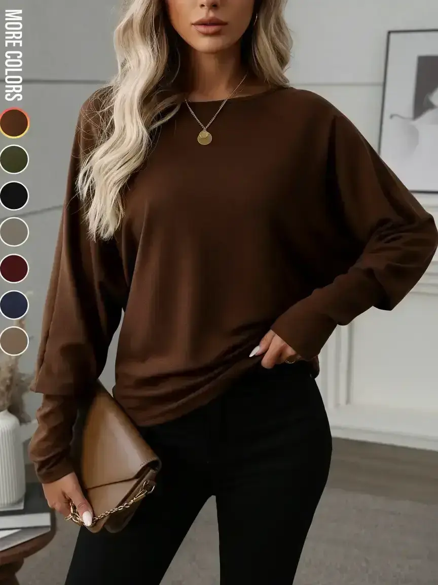 【Back to School Outfits】Women's Batwing Sleeve Solid Color T-Shirt, Elastic Long Sleeve Top, Casual Fashion Warm Basic Base Layer, Perfect for Daily Wear & Parties