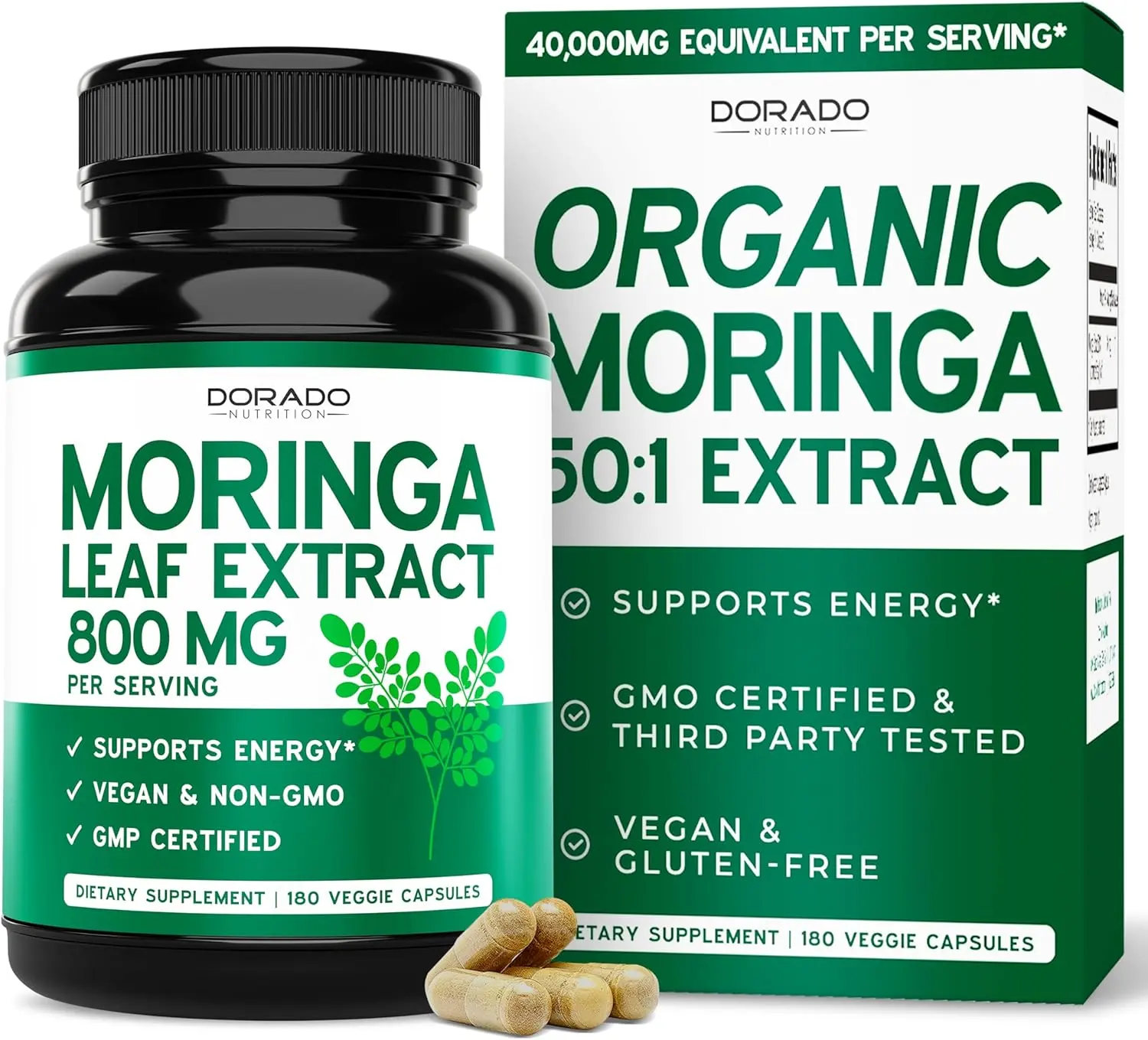 Organic Moringa Leaf Capsules (180 Count) - Pure Edible Herbal Healthcare Supplement for Adults, Supports Immune Support, Energy, Skin & Gut Health - Vegan, Third-Party Tested, Non-GMO, USA-Made