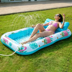 Inflatable Tanning Pool Lounger Float with Sprinkler, Pool Float Adult with Pillow & Cup Holder, Sunbathing Blow Up Tanning Bed, Suntan Tub Raft Floatie for Backyard Summer Water Party for Gifts for Women, Extra-Large