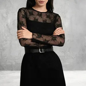 ETCYY Women's Elegant Floral Lace Patchwork Long Sleeve Top | Sexy Sheer Mesh Ribbed Knit Slim Fit Tee | Y2K Chic Party Streetwear,Sheer Lace Crew Neck Blouse,Floral Sheer Mesh Top