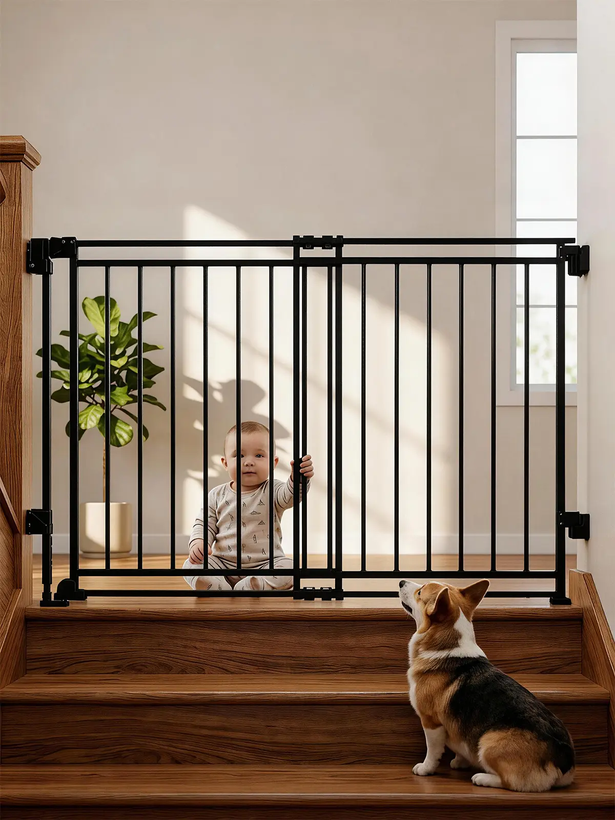 Summerwins Safety Baby & Dog Gate for Stairs & Doorways, 26"-44" W x 28" H No Bottom Bar, 1-Handed Auto-Close Hardware-Mount Design with Durability & Maximum Stability, Black/White