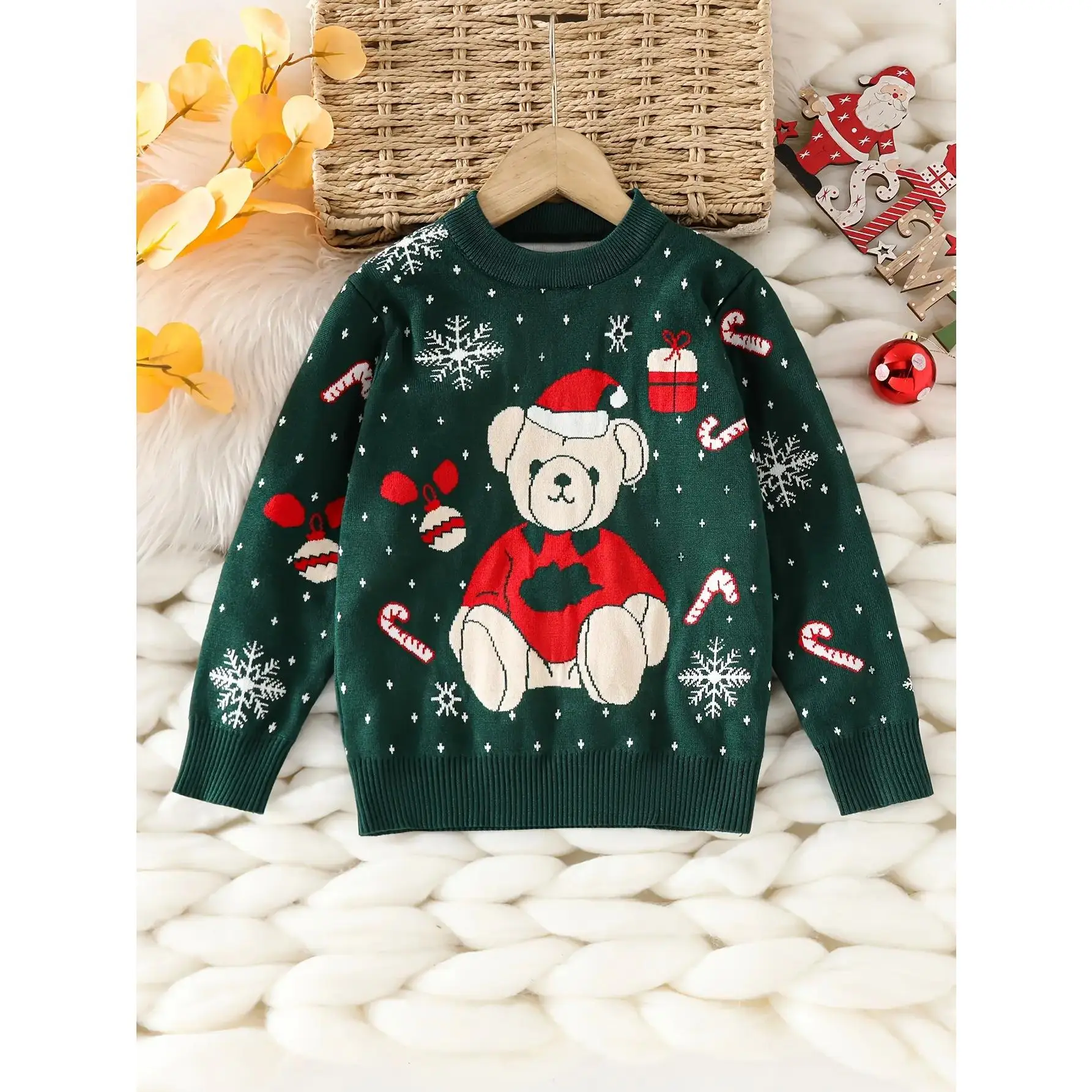 Boys' Christmas Sweater - Cozy Red Knit Pullover with Snowflake & Bear Design, Long Sleeve, Round Neck, Perfect for Fall/Winter, Christmas Sweater for Boys, Christma Jumper Kid Boy, Christma Jumper Boy, Sweater For Boy/young, Boy Winter Clothes