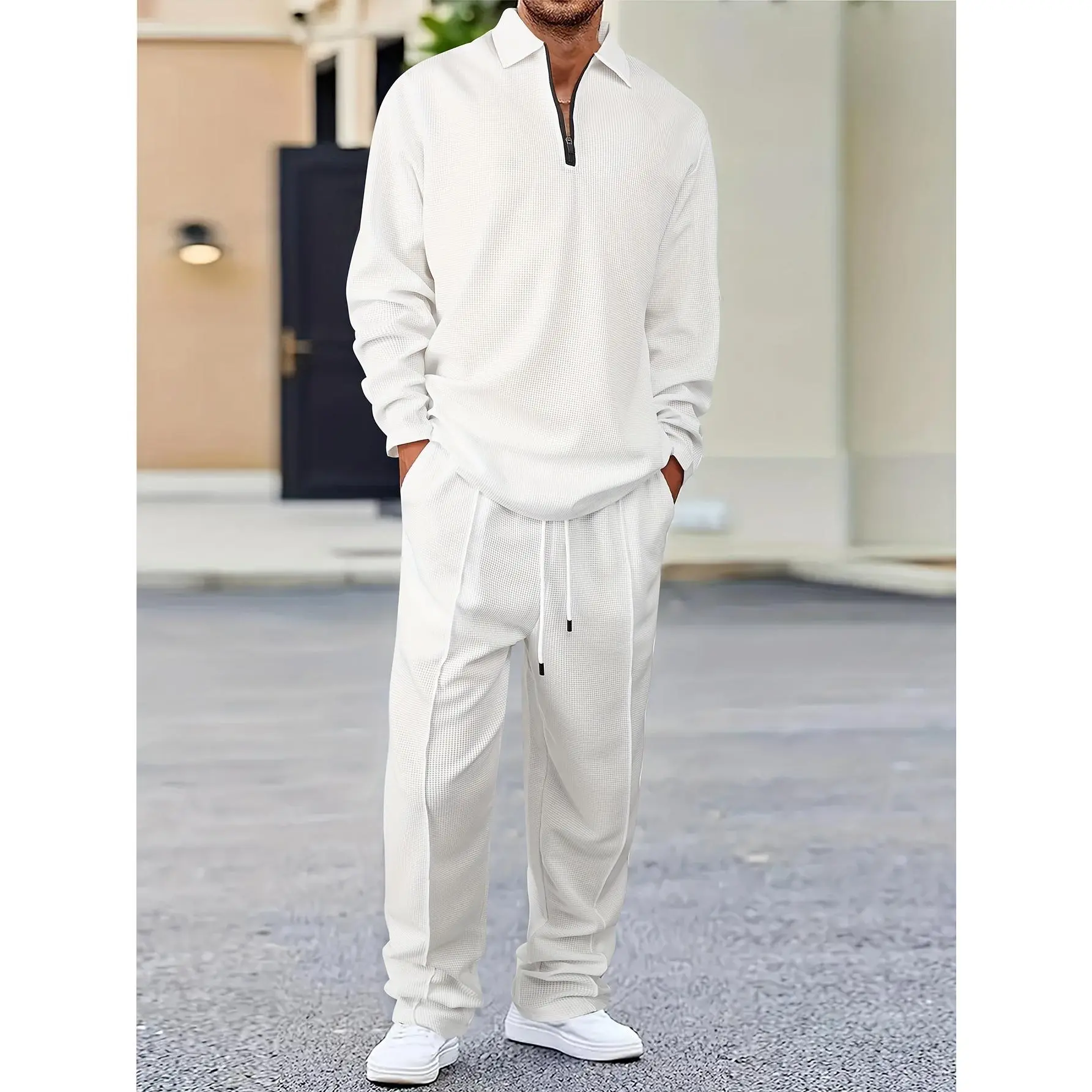 Men's 2-Piece Waffle Knit Casual Lounge Set - Solid Long Sleeve Quarter-Zip Lapel Top with Zipper, Stretch Polyester-Elastane Fabric Trousers, Regular Fit, Hand Wash Only or Dry Clean Sports Clothing