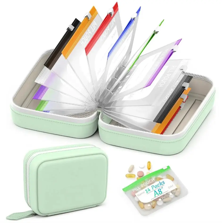 A8 Waterproof Pill Pouch Set, Large Weekly Pill Organizer with 14 Color-Coded Medicine Pouches, Reusable Travel Medicine Organizer, Zippered Pill Storage for Fish Oils, Vitamins（Black）