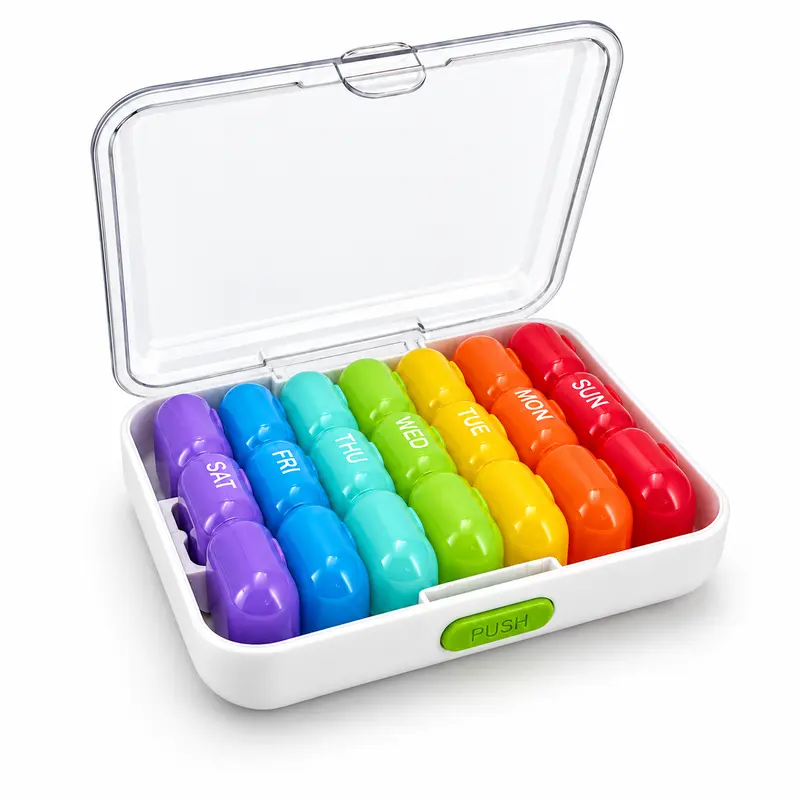 7-Day Lightproof Plastic Pill Organizer - Healthcare Pill Pack Storage Box with Compartments, Detachable Large-Capacity, Leakproof Portable Travel-Size for Seniors (Vitamins, Capsules)