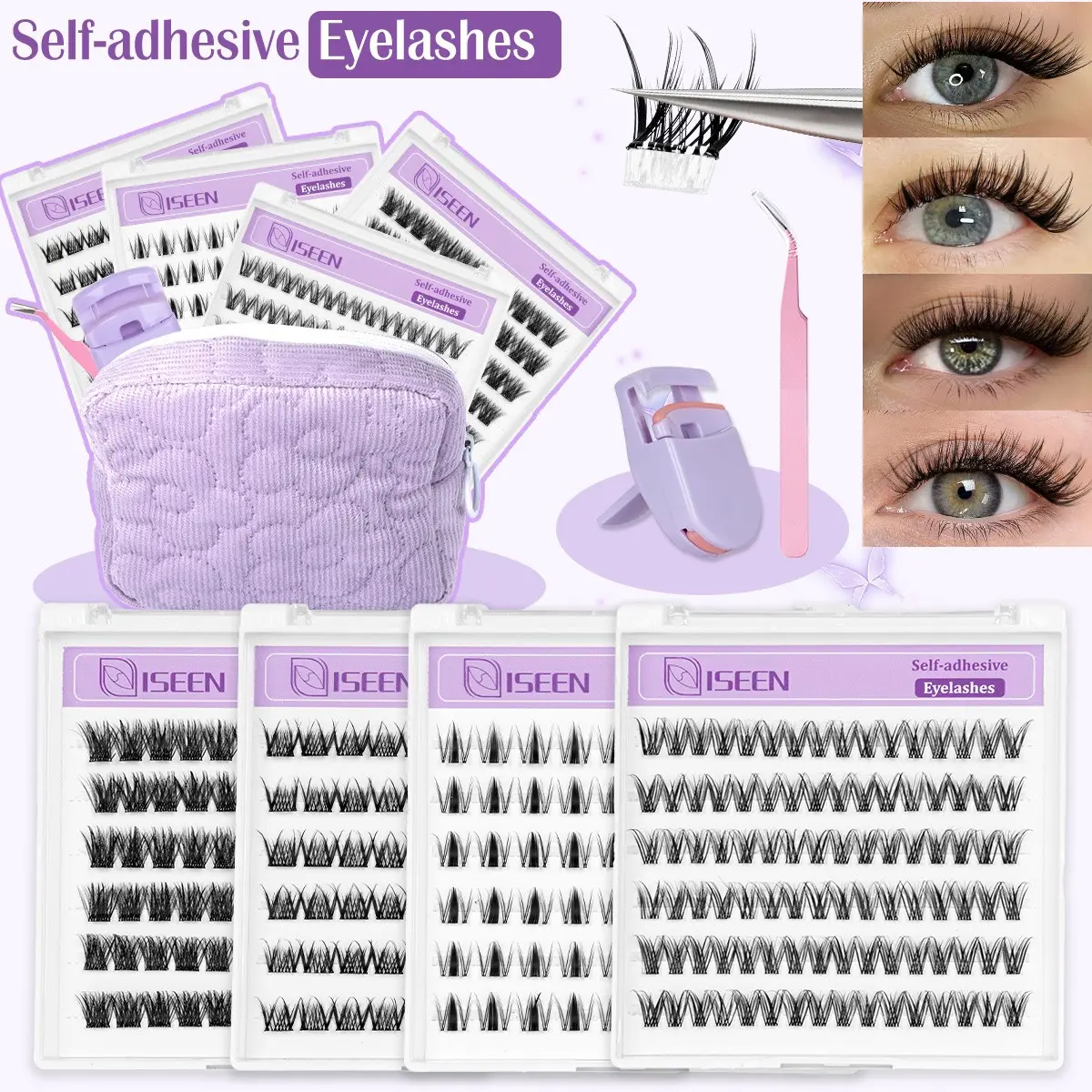 Self Adhesive Eyelashes, 294 Pcs Glueless Lash Clusters, False Eyelashes, No Glue Needed, Longer Lasting, No Sticky Residue, Makeup Gifts, Portable Bag for Daily Commute and Travel, Volume Mixed