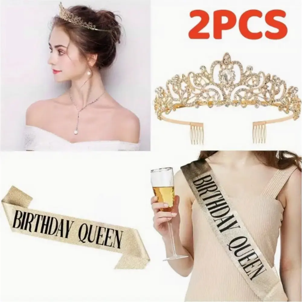 2pcs Birthday Queen Crown & Sash Set with Glittery Tiara & Sash - Adjustable Party Decorations with Comfortable Clips & Stable Comb Design, Reusable Birthday Party Outfit Accessories for S, Women - Perfect for Birthday, Halloween, Christmas, Prom Summervi