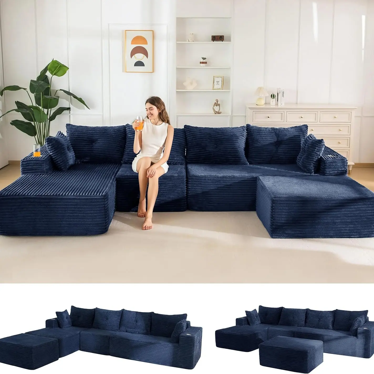 Navy Large U Shape-Left Facing Chaise