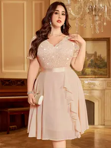 MISSMAY P84118A Plus Elegant V-Neck Short Sequin Glitter Sparkly Lace Floral Contrast Chiffon Ruffle Trim Formal Cocktail Party Flowy Swing Dress