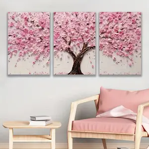 Tree Landscape Pattern Floral Cherry Canvas Wall Art, 3counts Set Modern Canvas Wall Art, Decorative Flower Painting for Home Living Room & Bedroom