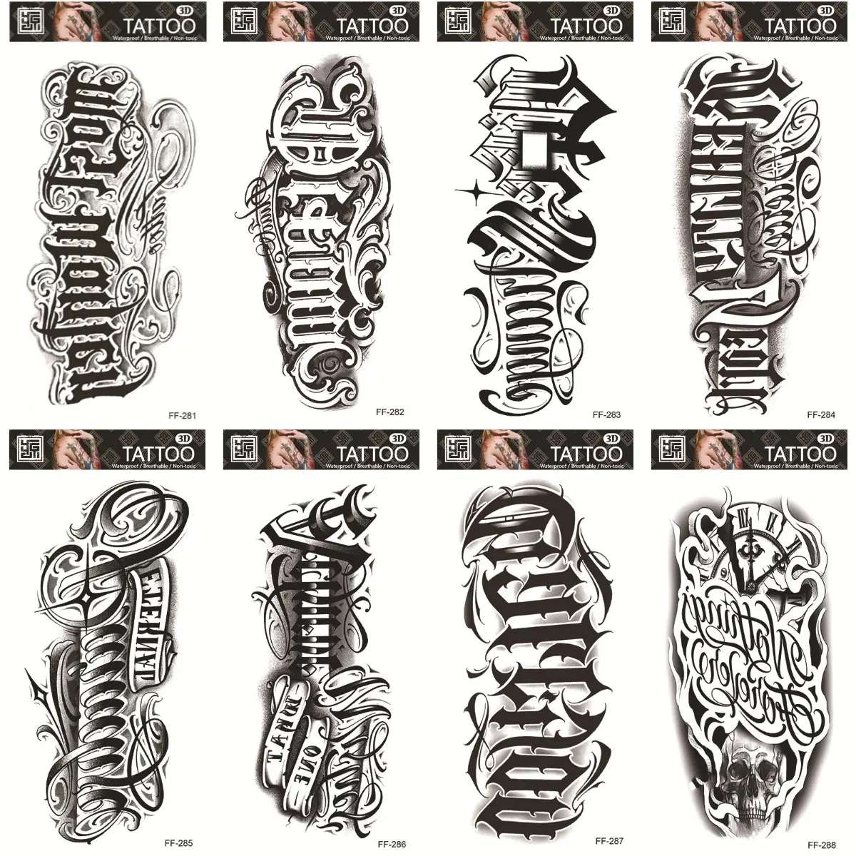 8PCS Chicano style flower body letter temporary tattoo sticker, English letter line tattoo sticker, waterproof arm tattoo sticker, suitable for men and women, Waterproof Temporary Tattoos, Temporary Tattoos Stickers