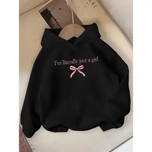 Fashionable and Comfortable Girl's Red Hooded Sweatshirt with "I'm Just a Girl" Print and Bow Detail - Soft Polyester Knit Fabric, Ribbed Cuffs, Autumn and Winter Casual Wear, Girl's Sweater