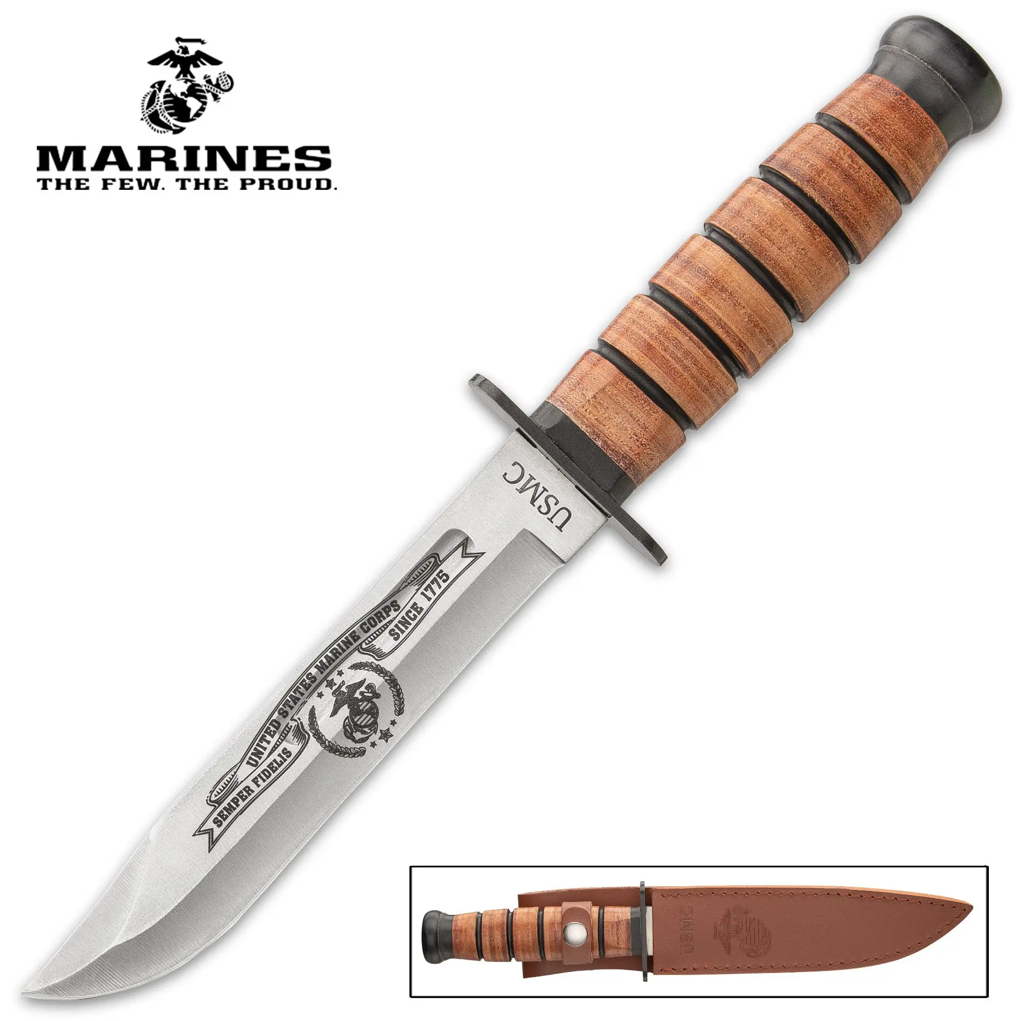 USMC Tribute Combat Knife, 12 1/4" Fixed Blade Tactical Knives with Stacked Leather Handle, 6 3/4" Etched Stainless Steel Blade & Leather Sheath