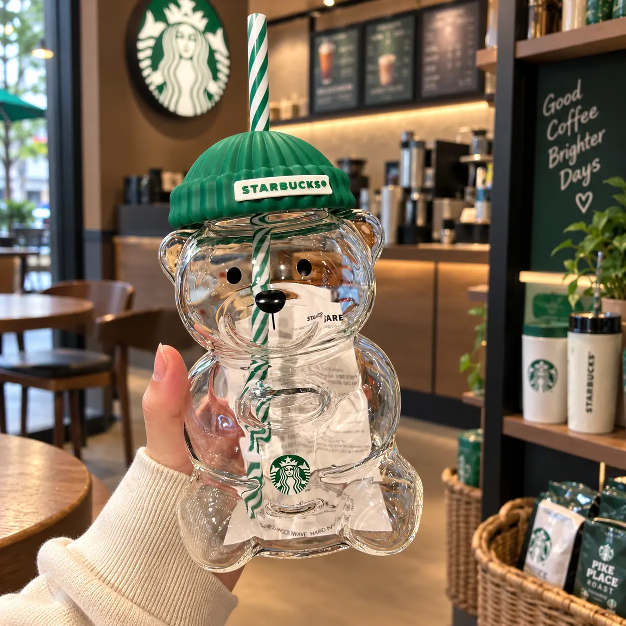2026 New Limited Edition Starbucks Barista Bear Green Hat Glass Coffee Cup, Holiday Gift for Adults