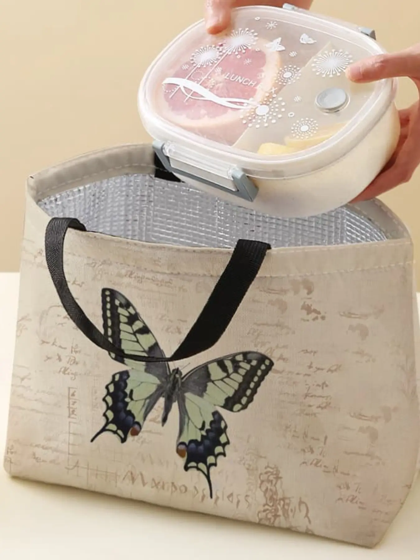 Butterfly Pattern Handbag Portable Reusable Durable Lunch Bag, Women's Casual Shoulder Bag, Large Capacity Camping Student Picnic Food Drink Bag