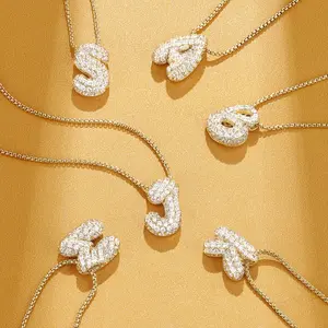 KissYan Bubble Letter Necklace, 14K Gold Plated Balloon Initial Pendant Box Chain Necklace Dainty Pave CZ Jewelry Gift For Women Mothers Day Gift Ideas