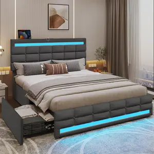 Queen Size Upholstered Platform Bed Frame with LED Headboard & Footboard, 4 Storage Drawers, and USB Charging Ports – No Box Spring Needed, Dark Grey