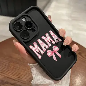 MAMA Letter Bowknot Pattern TPU Phone Case for iPhone 16 15 14 Pro Max 13 12 11 XR XS Plus Shockproof Full Camera Protection Durable slim Silicone Cover Cellphone Protective Protector Casing