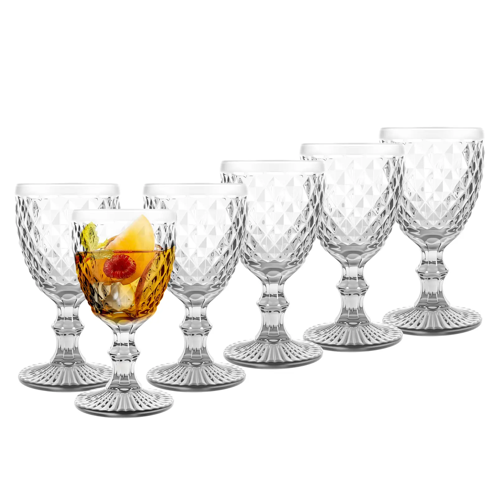 6 Pack 240ml Clear Glass Goblet Vintage Stemware Wine Cup Retro Embossed Footed Glassware Wine Goblet for Iced Beverage Wine Cocktail (Grey), Romantic, European