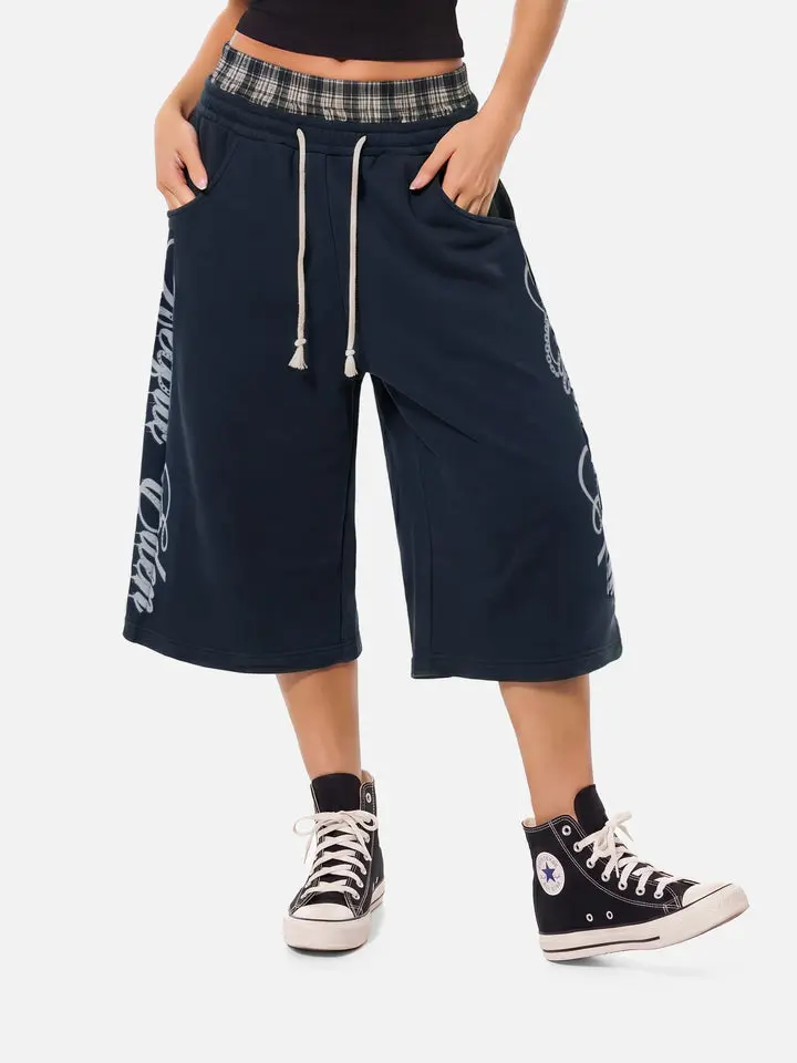 Aelfric Eden Double Waist Script Longline Shorts Double Waistband Layered Design Gothic Script Print Wide Leg Five Point Silhouette Soft Knit Sweatshirt Fabric Retro Streetwear Unisex Shorts,clothes for back to school,first day of school outfits
