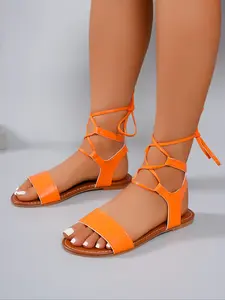 Women's Lace-Up Flat Sandals, Rubber Sole, Multiple Color Options, Gladiator Style, Calf Wrap Design, Toe-Exposed Beach Shoes, Footwear