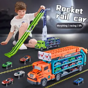 Large Transport Truck Toy with Foldable Race Track, 6 Mini Alloy Cars Included, Portable Playset for Indoor & Outdoor Play, Toddler Toy Gift，Orange