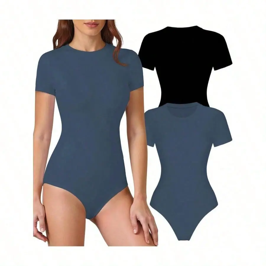 Women's 2-Pack Silky Soft Minimalist Basic Crew Neck Short Sleeve Hip Bodysuits - Going Out Athletic Leotard Tops, Summer Wear, Shortsleeve, Women's Clothes, Classic, Basics, 3D Slimming Cut, 3D Tailoring, Easter, Casual, Crotch Snap Buttons