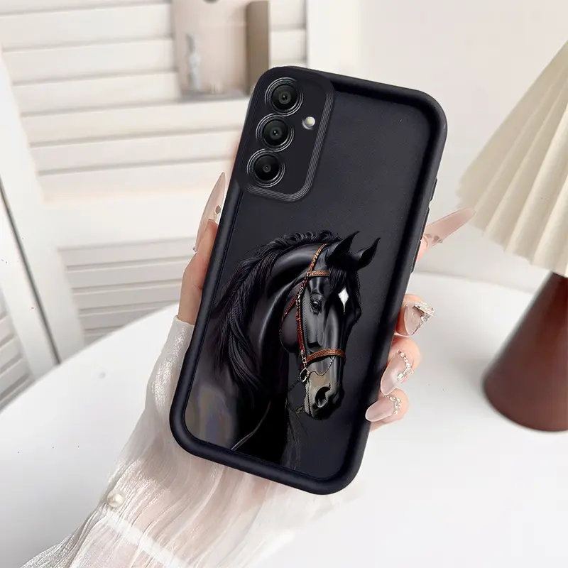 Phone Case - Black Horse Case for Samsung Galaxy A12 A13 A14 A15 A16 5G A17 A21S A22 A23 A24 A25 A26 A32 A33 A34 A35 A36 A52 A53 A54 A55 A56 S21 Ultra S22 Plus S23+ S24 FE S25 Edge New Tianyan Stepped Phone Case Creative Fashion Classic Black White