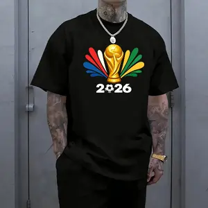 Trendy football-themed men’s short-sleeve T-shirt featuring a gold trophy paired with colorful wing print, minimalist numeric design, breathable skin-friendly fabric, street casual style, suitable for everyday outings and fan outfits.