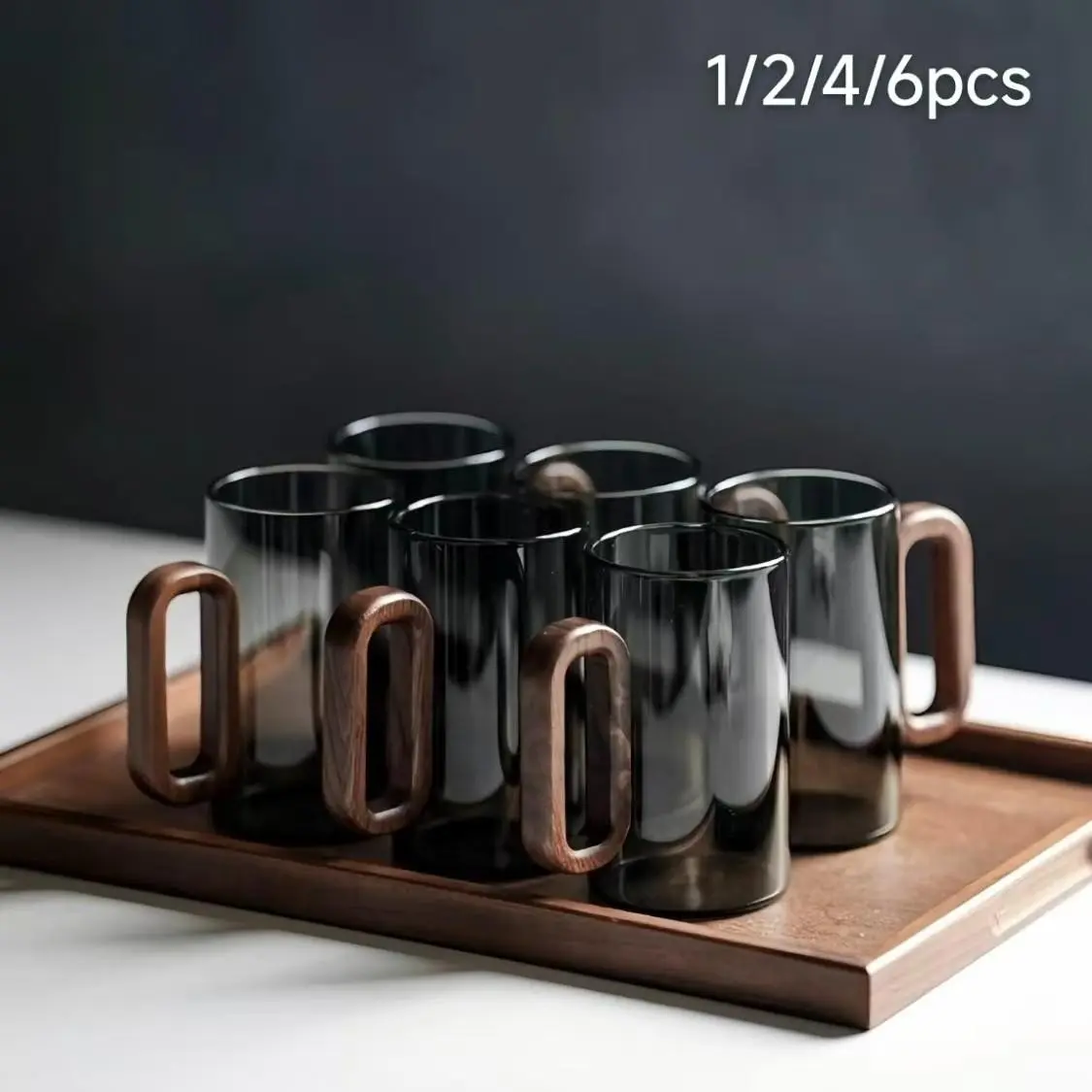 1/2/4/6 Pcs 360ml Smoke Gray Borosilicate Glass Cup Set, Durable Glassware, Heat Resistant Drinkware with Walnut Wooden Handle, Food Grade BPA Free Lead Free Dishwasher Safe for Coffee Tea Drinks Home Office Kitchen Camping Gifting Drinking Glassware
