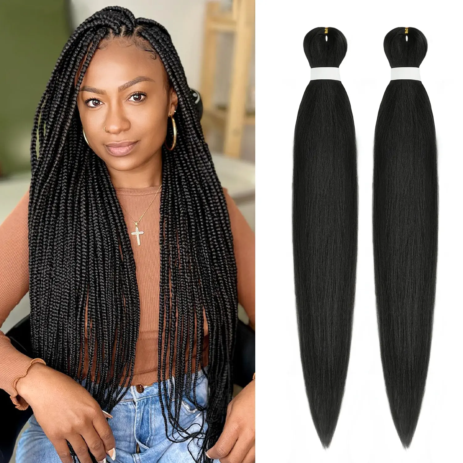 rosmile Pre-Stretched Braiding Hair, 30 Inch Yaki Straight Synthetic Extensions, Tangle-Resistant & Hot Water Setting for Box Braids, 2 Packs, #1B, Straight Hair Weave, Hair Braids