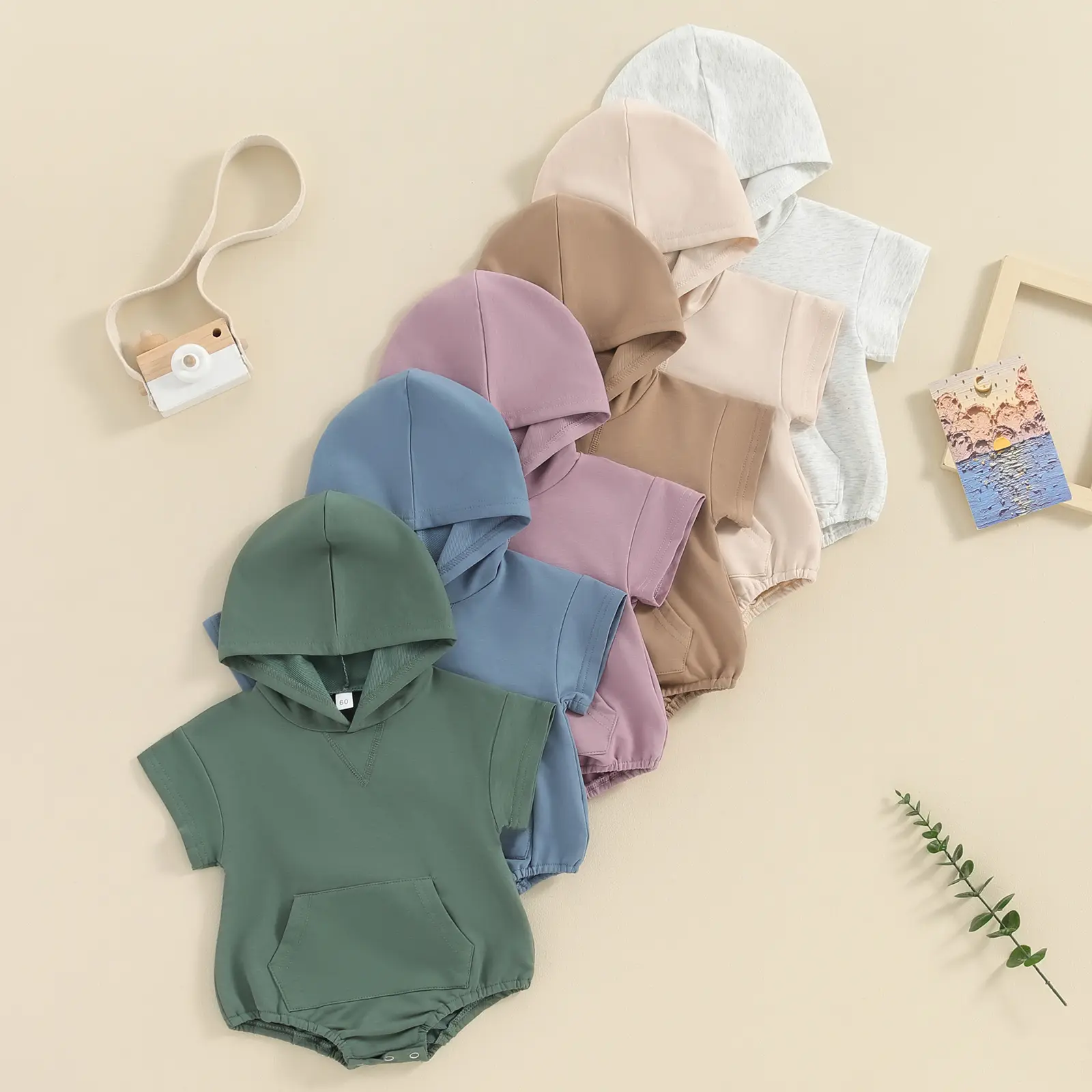 Newborn Baby Boy Girl Hooded Romper Short Sleeve Front Pocket Solid Color Hoodie Bodysuit Summer Outfit