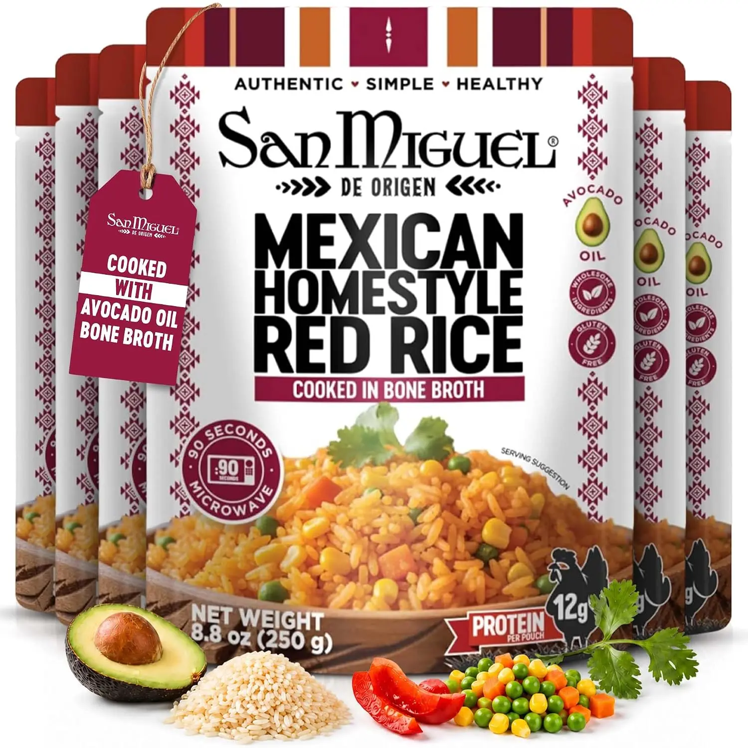 San Miguel de Origen 12g Protein Mexican Homestyle Red Instant Rice with Veggies, Cooked in Bone Broth & Avocado Oil - Ready to Eat Microwave Rice - Gluten Free Mexican Rice Pouch - Pantry Food Easy Meal - (6-Pack) 8.8oz