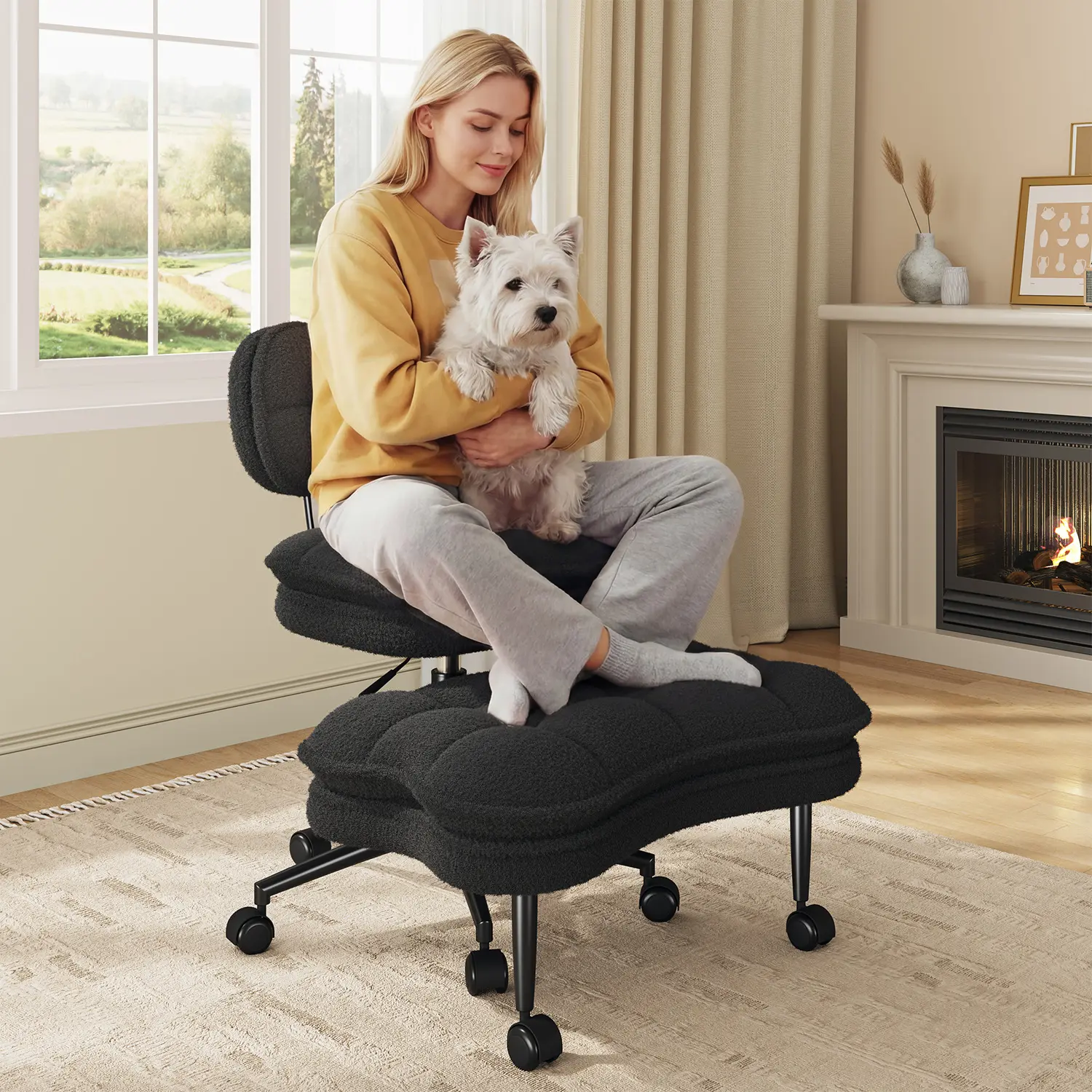 Raybee Swivel Cross Legged Meditation Kneeling Chairs with Wheels, Teddy Fleece Cozy ADHD Chair with Height Adjustable Seat for Relaxation, Vanity, Home Office Desk Chairs Indoor Furniture #TikTokShopSummerSale