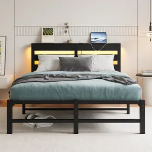 Full Size Bed Frame with  LED Lights and Charging Station, Metal Full Platform Bed with Storage Headboard for Bedroom, No Box Spring Needed, Noise Free, Black
